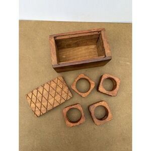 Vintage JCS Co. Hand Carved Wood Box W/ Lid & W/4 Wood Napkin Rings Hand Carved